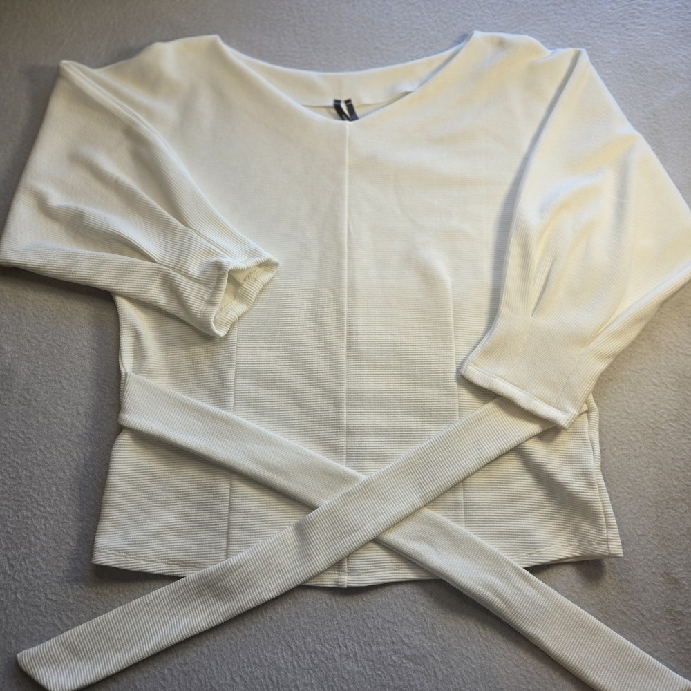 By Anthropologie White Ribbed Knit Wrap Tie Waist Balloon Sleeve Top Blouse S...